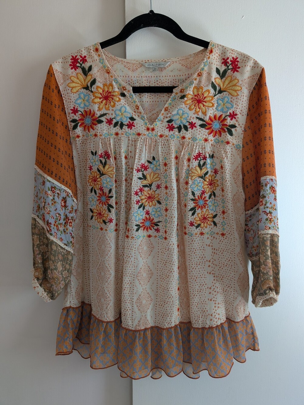 John Mark Boho Floral Embroidered Flowy Top - Multicolor Nuetral Size Medium